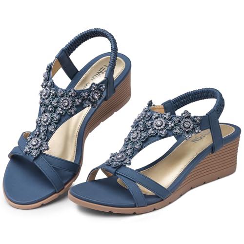 TEMOFON Women's Low Wedge Heels Summer Dressy Platform Sandals Elastic Ankle Strap Open Toe Flower Shoes Blue Size 8