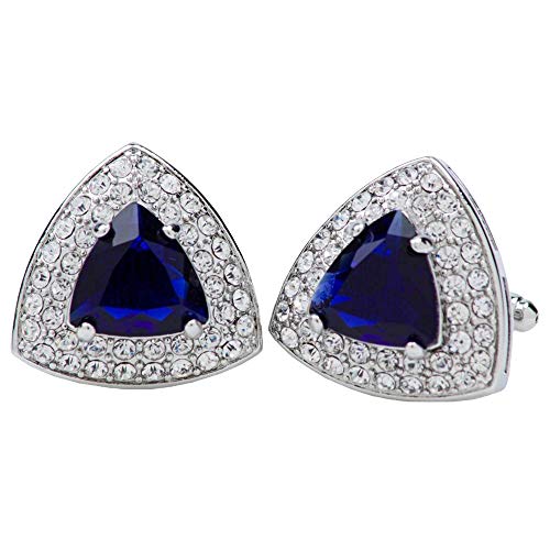 Vittorio Vico Triangular Crystal Diamond Set Cufflinks for Men - Unique Mens Jewelry - Best Gift for Him, Dad, Uncle, Bestfriend (Silver Metal, Blue Crystal)