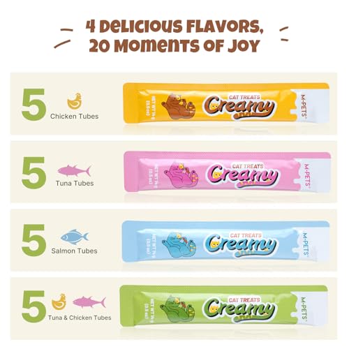 Image of M-PETS Creamy Lickable Cat Treats - 4 Flavor Variety Pack, 20 Tubes of Healthy Squeeze Up Snacks with Functional Nutrients for Hydration, Skin & Coat, and Digestive Health - Grain Free, High Protein
