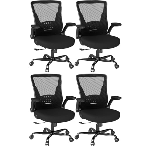Image of Mesh Office Chair, Comfy Desk Chair with Flip-Up Armrests, 4PC | 300 LBS Capacity, Black Breathable Mesh, Adjustable Height, 360 Swivel Wheels, Computer Chair for Study, Home Space Saving