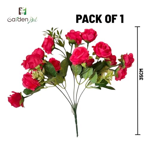 Image of Garden Art Artificial Small Rose Flower Bunch (Pack of 1) | 5 Heads with 15 Flowers & Buds, 35 cm Faux Rose Bouquet for Home Decor, Wedding & Table Decoration (Rose Pink)