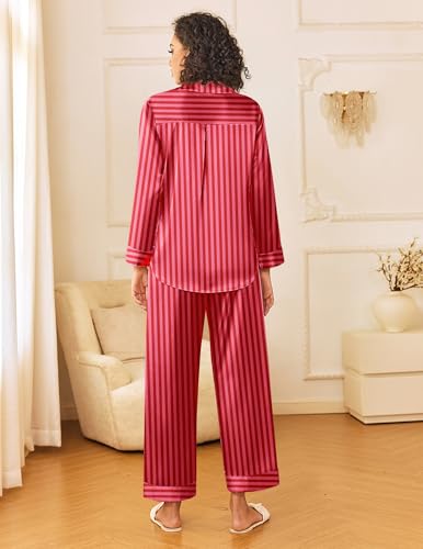 Image of Ekouaer Womens Silk Satin Pajama Sets 2 Piece Sleepwear Pjs Set Long Sleeve Button Down Top and Pants Stripe Loungewear S-XXL