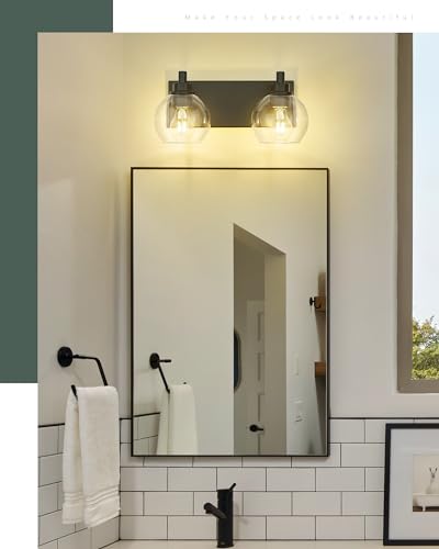 Image of Bathroom Light Fixtures, 2 Light Matte Black Vanity Light, Modern Wall Sconces with Clear Glass Globe Shade, Bathroom Wall Lights Over Mirror Kitchen Bedroom Hallway, VL195-MB-2