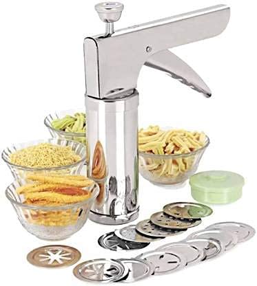Radhna Indian Traditional Kitchen Utensils for Kitchen Press/Murukku/Cookies/Noodles/Indian Snacks/idiyappam/chakli/Namkeen Sev Maker Press with Stainless Steel Jaalis (Silver)