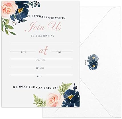 Set of 12 Invitations with Envelopes for all Occasions, Blank Fill-in Floral Watercolors Invites Perfect for: Wedding, Bridal Showers, Engagement, Birthday Party or Special Event (666)