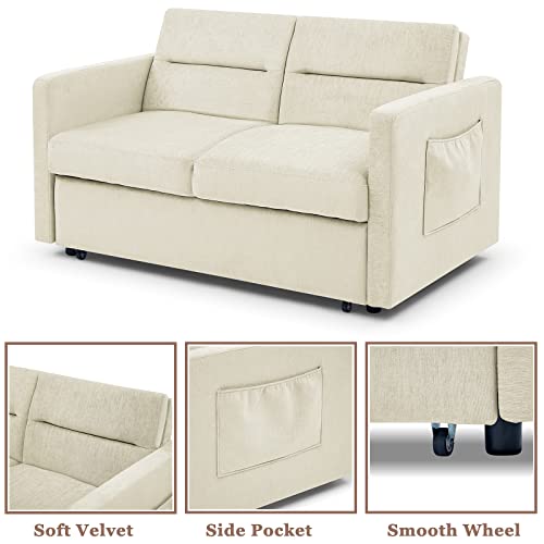 Antetek 3 In 1 Convertible Sleeper Sofa Bed, Modern Velvet Loveseat Sleeper Sofa Couch With Pull-Out Bed, Small Love Seat Sofa Bed With Reclining Backrest & Side Pocket For Living Room, Beige, 54.5" #TOP3