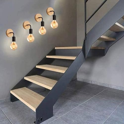 Luz de pared retro en madera maciza y hierro negro diseño geométrico