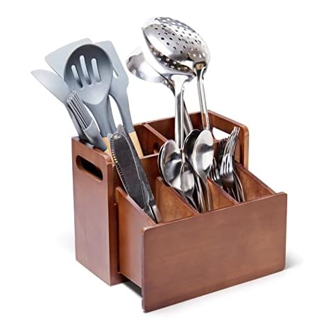 Silverware Organizer for Kitchen Countertop, 5 Compartments Cooking Utensil Holder Expandable Wooden Cutlery Caddy with Portable Handle, Brown Cover