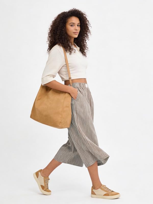 Marvmys Women's Cotton Capri Pants Striped Elastic Waist Casual Wide Leg Palazzo Culottes Pants with Pockets S-2XL