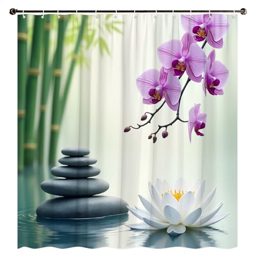 Zen Lotus Flower Shower Curtain Asian Garden Spa Design Orchids and Stones Water Scenery Farmhouse Flower Rustic Landscape Violet Pansy Purple Floral Polyester Fabric Bathroom Decorative Curtain