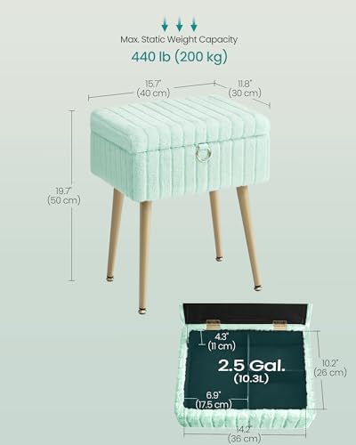 Image of SONGMICS Vanity Stool Chair Faux Fur with Storage, Vanity Bench, Metal Legs, Adjustable Feet, for Living Room, Bedroom, Makeup Room, Moonlight Green ULOM505CZ02