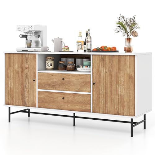 GIANTEX Buffet Bas pour Salon, Cuisine, TV - Portes Coulissantes, 2 Tiroirs, Pieds en Métal - Protection Anti-Basculement - 150 x 45 x 74 cm