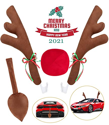 Angooni Upgraded Car Reindeer Antler Kit Christmas Rudolph Auto Decorations, Rudolph Auto Accessories with Tail, Nose - Add Holiday Spirit