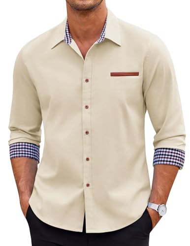 Coofandy Camisa de Vestir Casual para Hombre, con Botones, Manga Larga, de Mezclilla - - Medium