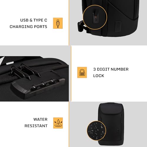 Image of F Gear Spark 30L Premium Anti-Theft Black Tech Laptop Backpack with USB & Type-C Ports|2 Compartments, 2 Pockets & 1 Hidden Pocket|180 Opening, Number Lock|Fits 17 Inch Laptop|Men & Women