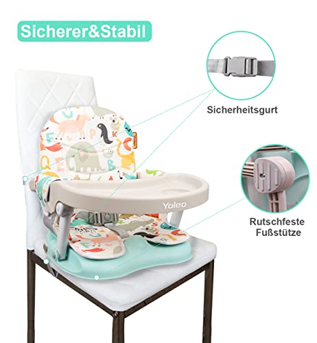 YOLEO Sitzerhöhung Stuhl Kind, Tragbarer Hochstuhl für Baby, nur 2 kg, Booster Sitz mit Sicherheitsgurt und Abnehmbarem Tablett und PU Kissen, Geeignet für Kinder von 6 bis 36 Monaten