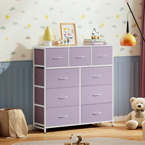 Image of WLIVE 9 Drawer Dresser, Fabric Storage Tower for Bedroom, Hallway, Closet, Tall Chest Organizer Unit for Bedroom with Fabric Bins, Steel Frame, Wood Top, Easy Pull Handle, Purple