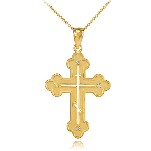 Religious Jewelry 14k Yellow Gold Eastern Orthodox Cross Charm Pendant Necklace with Diamonds