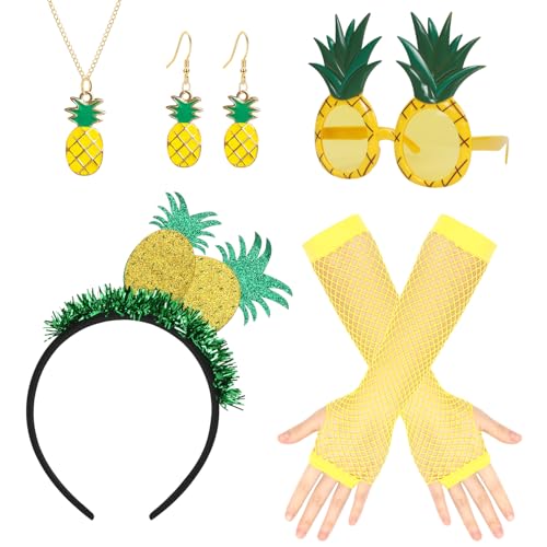 O-Kinee 5 Pièces Déguisement Ananas Femme,Ananas Bandeaux Lunettes de Soleil Collier et Boucles d'Oreilles Ananas,Ananas Gants,Deco Ananas Ensemble de Déguisement...
