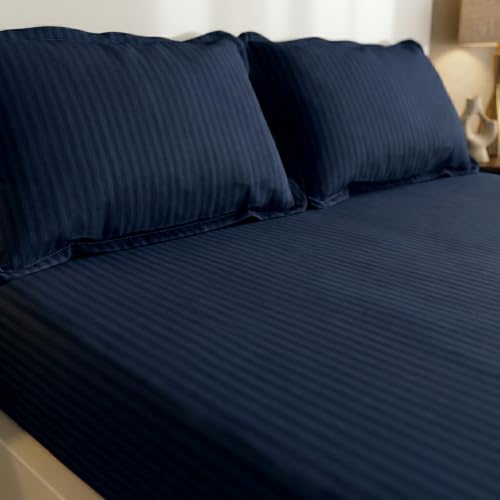 Image of Filymore Double Bed Bedsheet with 2 Pillow Covers, 300 TC Soft Microfiber Satin Striped Bedsheet, Navy Blue Striped Bedcover for Double Bed, Breathable & Comfortable Bedding Set (90x90 Inches)