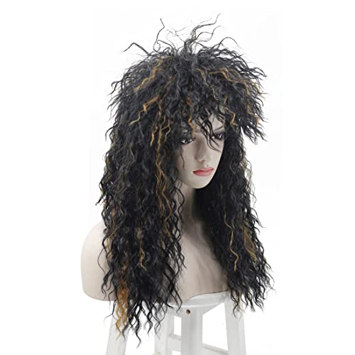 Wildcos Long Curly 80S Mullet Wigs Punk Heavy Metal Rocker Wig Halloween Costume Male Cosplay Wig For Women (Black With Reddish Brown) #TOP3