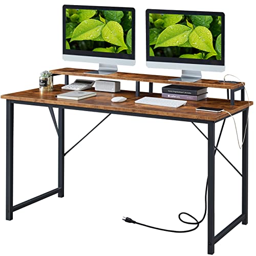 SUPERJARE Computer Desk with Power Outlet, 55 inch Home Office Desks, Industrial Desk with Monitor Shelf, Writing Desk with Wooden Desktop and Metal Frame - Rustic Brown