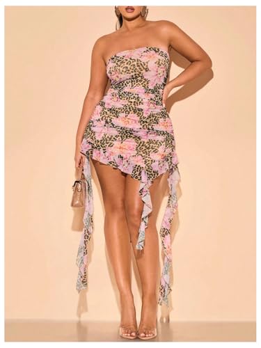 Image of Verdusa Women's Plus Size Cheetah Asymmetrical Strapless Tube Dress Ruched Bodycon Mini Dress with Ruffle Straps