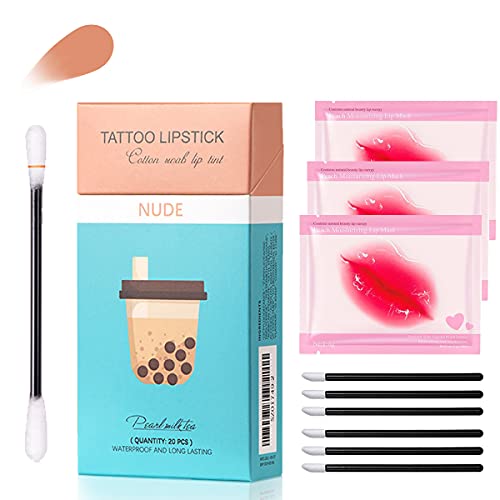 Cotton Swab Tattoo Lipstick Kit, Long Lasting Waterproof Liquid Non-Stick Lip Stain Set, Portable Lip Gloss Lip Tint 20pcs Lipstick with Collagen Lip Masks and Brushes (Nude)