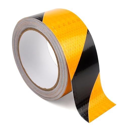 Vueinrg 25M x 5cm Bande Reflechissante Autocollante Jaune et Noir Bande Reflechissante Hazard Ruban de Signalisation Reflechissant Imperméable Ruban...