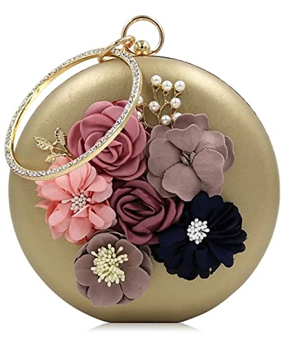 Image of TOOBA Handicraft Women's Round Shape Clutch Bag Purse | Floral Bag, Bridal Purse & Party Handbag Design with Ring Handle - Wedding & Special Occasion Clutch