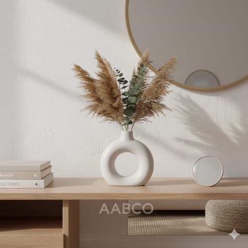Image of Modern Ceramic Ring Vase Pink Floral Stems, White, Decorative Flower Holder for Home (4 INCH)