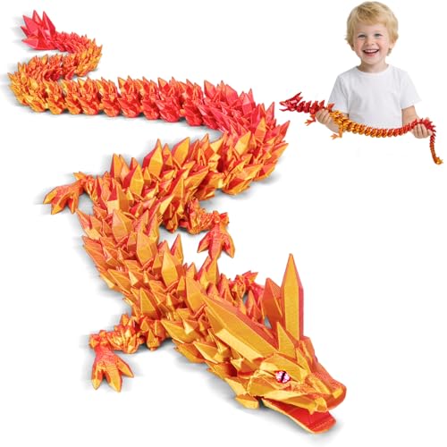 Merrwon Dragón impreso en 3D, juguete de dragón de 60 cm, con ojos, misteriosos personajes realistas de dragón, articulaciones articuladas, decoración de cristal (dragón rojo y dorado)
