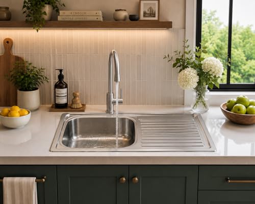 Image of Stainless Steel Kitchen Sink 45x20 Inch with Drain Board | Large Single Bowl Drainer Sink | With Waste Coupling & PVC Pipe | Heavy Duty Kitchen Sink