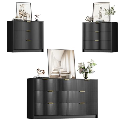 Image of Furniway Black Dresser Bedroom Set 3 Pieces, Nightstands Sets of 2, 7 Drawer Dresser with Gold Handles for Bedroom