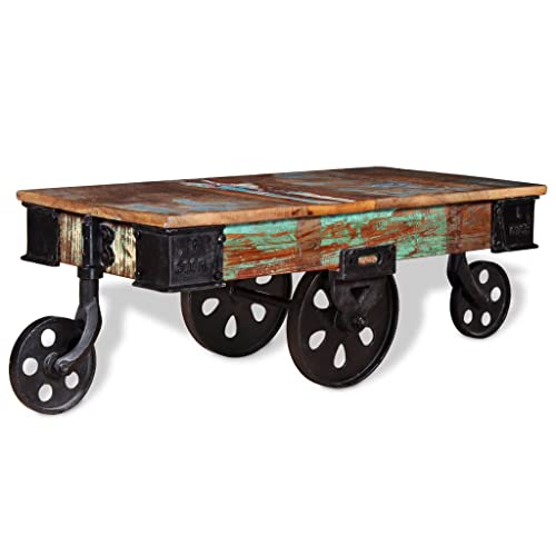 GOLINPEILO Reclaimed Wood Coffee Table with 4 Iron Wheels 35.4"x17.7"x13.8"