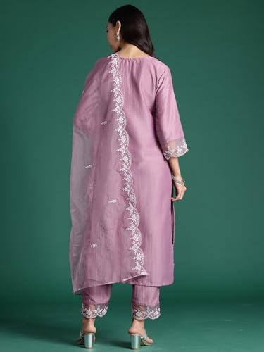 Image of INDO ERA Women's Silk Blend Embroidered Straight Kurta & Pant with Dupatta Set (KH9MU7820)