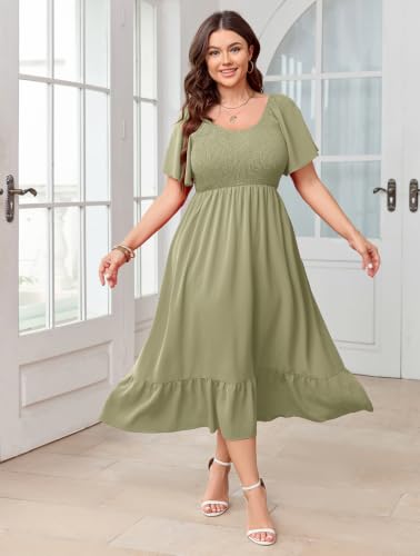 Image of SCOMCHIC Women's Plus Size Summer Dress Casual Short Sleeve Scoop Neck Maxi Dress Smocked Ruffle Boho Flowy Long Dresses