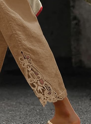 Image of Women Casual Lightweight Drawstring Elastic Waist Cropped Linen Pants Fall Spring Slacks Capri Pants Trendy Fashion 2026 Beach Trousers with Pockets Khaki Large