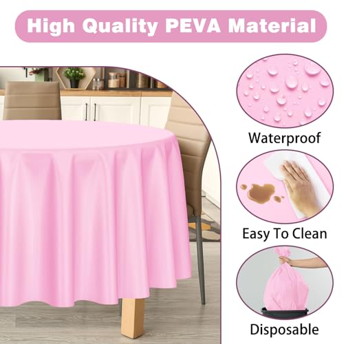 Image of Kopokita 2 Pack Pink Round Disposable Plastic Tablecloths 84 inch | Party Table Covers for Birthday, Baby Shower, Wedding, Valentines, Mothers Day, Easter Decorations