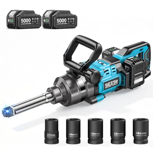 Image of Seesii Cordless 1 inch impact gun 2581.47 FT-LBS(3500 N.m) High Torque Impact Wrench 7.88 inch Extended Anvil with 21V 2x5.0 Ah Battery, 5 Sockets&storage bag, for Truck,Tractor&Agri-Service,Construction