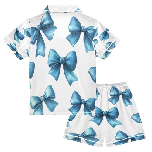 Satin Pajama Sets Short Sleeve Blue Bows on White Button Down Silky Nightwear 2 Piece PJS 5-14Y2