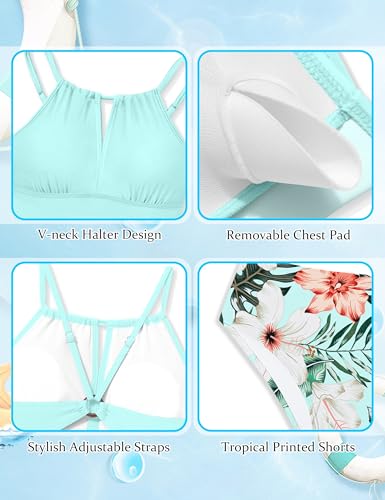 Image of Two Piece Swimsuit Girls 10-12 Halterneck Cutout Design Bathing Suit Set with Floral Print Shorts and Cross-Back Adjustable Straps Ruched Swimsuit Girls 10-12 Lake Blue