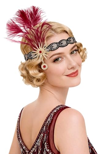 BABEYOND Bandeau Gatsby le Magnifique des années 1920 pour femme - Bandeau à plumes avec perles et strass - Accessoire de cheveux vintage pour fête à...