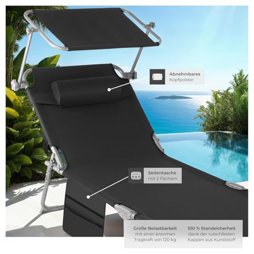 tectake® Sonnenliege klappbar, tragbar, Liege mit Seitentasche, Strandliege, Gartenliege mit Dach, Liegestuhl mit Verstellbarer Rückenlehne, inkl. Kopfkissen - für Balkon, Terrasse, Camping - schwarz