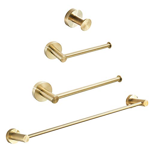 BATHSIR Gold Bathroom Hardware, Towel Bar Sets Bathroom Accessories Including 24 Inch Towel Holder Toilet Paper Holder Towel Ring and Robe Hook Stainless Steel Wall Mounted 4 Piece