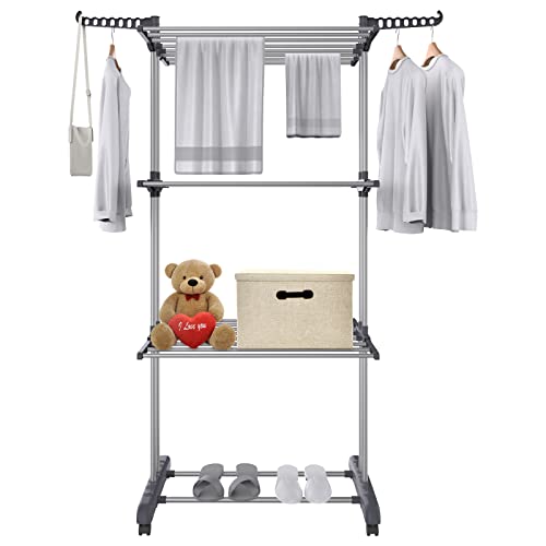 Mbillion Wäscheständer 4 Etagen zusammenklappbar multifunktional beweglicher Edelstahl Kleiderschrank Abtropfgestell mit 2 Flügelhaken, Wäscheständer für Innen- und Außenbereich (Grau) Cover