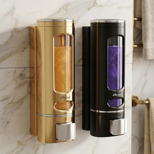 Image of ALTURAS Wall Mounted Liquid Soap Dispenser, ABS, 400 ML, for Shampoo, Sanitizer and Gel Handwash Dispenser (400 ML Gold and Black)