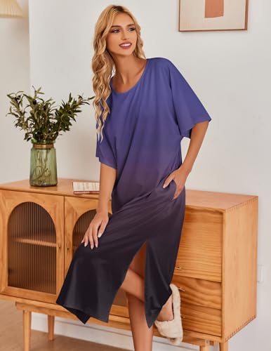 Image of Ekouaer Women's Nightgown Short Sleeve Sleepshirt Long Loungewear Casual Maxi Lounge Dress House Dresses with Pockets
