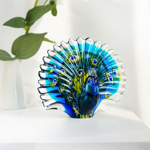 Crystalsuncatcher Hand Blown Glass Peacock Figurines Collectible Gift for Women Glass Art Animal Sculpture for Home Table Decorations (7.5in,Green)