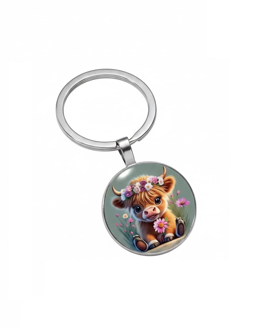 4Trails Unisex Infant Sliver Pink Highland Baby Cow Glass Dome Keyring, Lucky Scottish Charm Keychain With Floral Design Pink Flowers